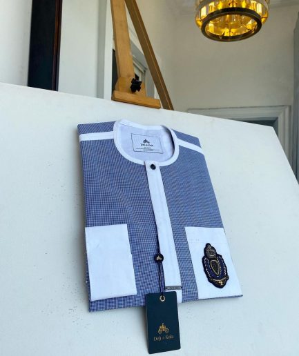 A Windowpane check blue and white mix front flap, hand embroidery patch Pocket African Kaftan