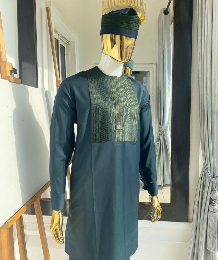 The “Chadian” front embroidery army green senator traditional kaftan with a matching design hat.
