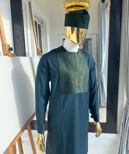The “Chadian” front embroidery army green senator traditional kaftan with a matching design hat.
