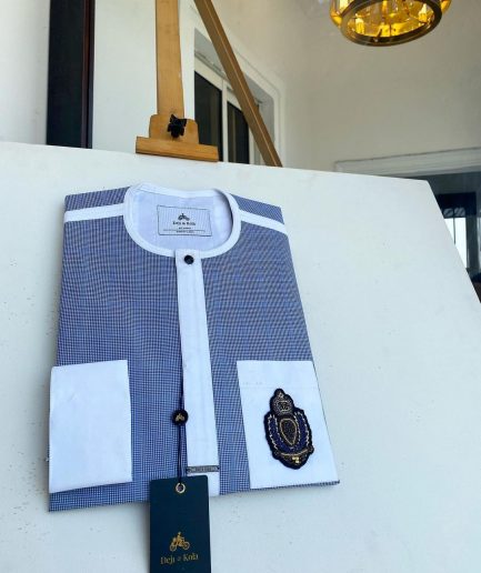 A Windowpane check blue and white mix front flap, hand embroidery patch Pocket African Kaftan