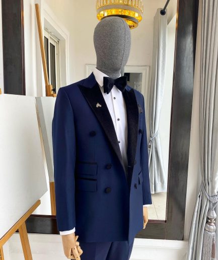 A Navy Blue Double Breasted Velvet Peak lapel Tuxedo Suit