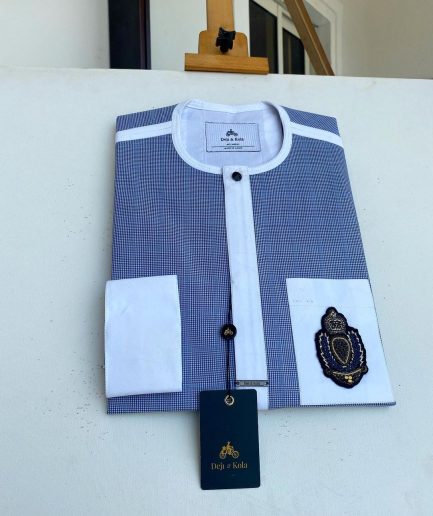 A Windowpane check blue and white mix front flap, hand embroidery patch Pocket African Kaftan