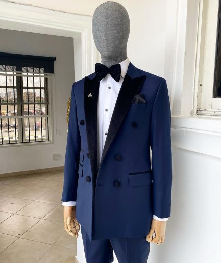 A Navy Blue Double Breasted Velvet Peak lapel Tuxedo Suit