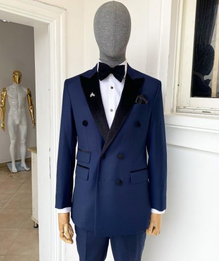 A Navy Blue Double Breasted Velvet Peak lapel Tuxedo Suit