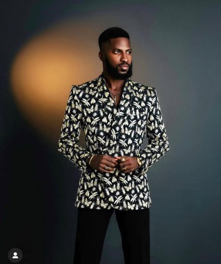 A Charcoal Black, insect element, metallic jacquard shawl lapel wrap suit