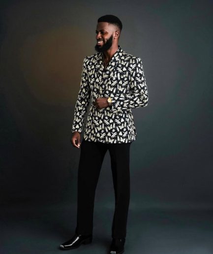 A Charcoal Black, insect element, metallic jacquard shawl lapel wrap suit