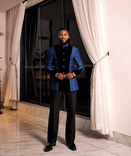 A Skye blue and Navy blue Mandarin Jacquard safari tuxedo royal suit