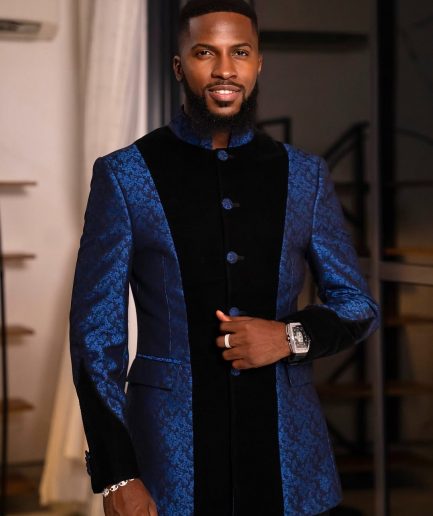 A Skye blue and Navy blue Mandarin Jacquard safari tuxedo royal suit
