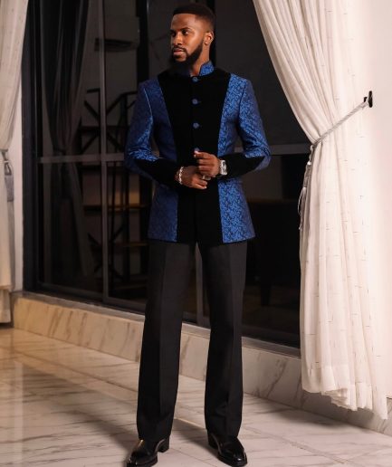 A Skye blue and Navy blue Mandarin Jacquard safari tuxedo royal suit