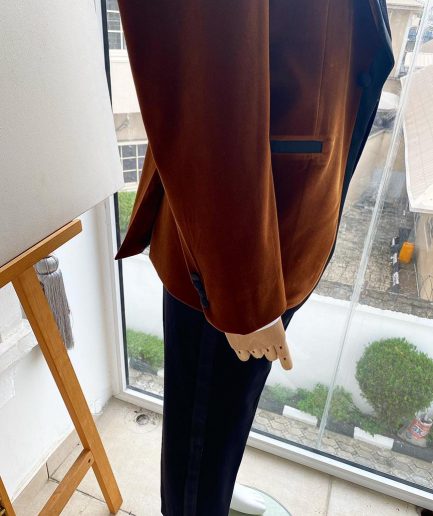 A Brown Velvet With Silk Taping Shawl Lapel Tuxedo Suit