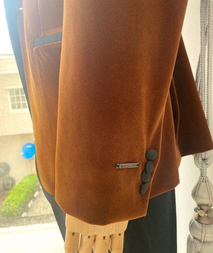A Brown Velvet With Silk Taping Shawl Lapel Tuxedo Suit
