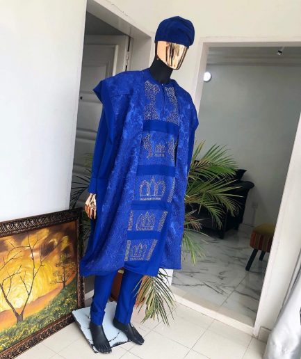 A Royal blue with swarovski on jacquard detailing matching hand wooven embroidery agbada