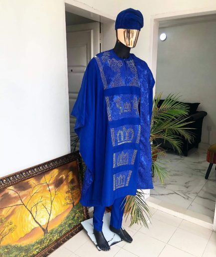 A Royal blue with swarovski on jacquard detailing matching hand wooven embroidery agbada