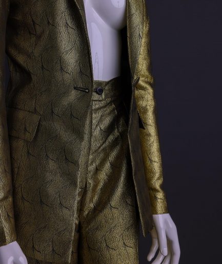 An Extended Notch Lapel, Spiral Gold Metallic Jacquard Suit.