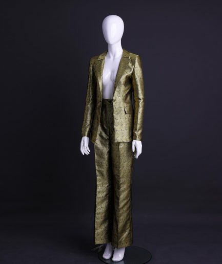 An Extended Notch Lapel, Spiral Gold Metallic Jacquard Suit.