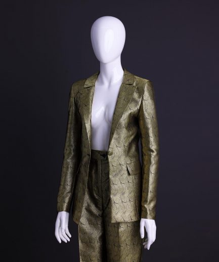 An Extended Notch Lapel, Spiral Gold Metallic Jacquard Suit.