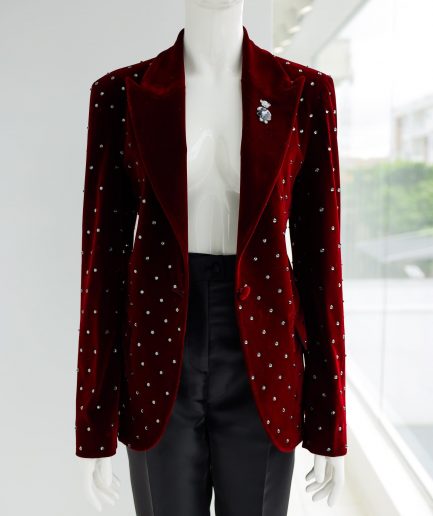 A Lipstick Red, Soaked Velvet Peak Lapel Suit.