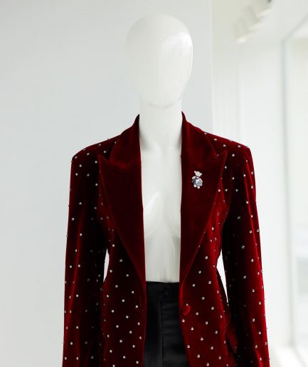 A Lipstick Red, Soaked Velvet Peak Lapel Suit.