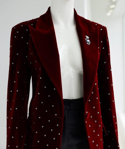 A Lipstick Red, Soaked Velvet Peak Lapel Suit.