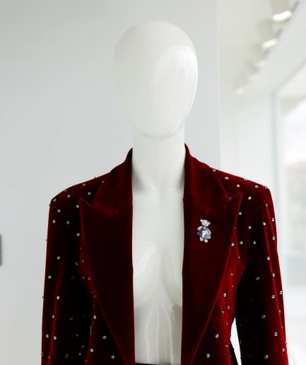 A Lipstick Red, Soaked Velvet Peak Lapel Suit.