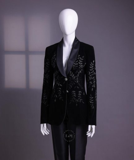 A Charcoal Black Velvet Shawl Lapel Suit With Floral Ceramic Bead Detailing.