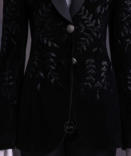 A Charcoal Black Velvet Shawl Lapel Suit With Floral Ceramic Bead Detailing.