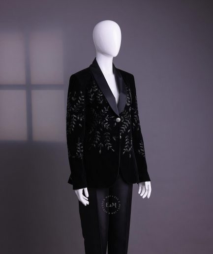A Charcoal Black Velvet Shawl Lapel Suit With Floral Ceramic Bead Detailing.