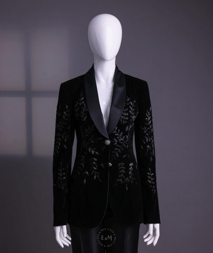 A Charcoal Black Velvet Shawl Lapel Suit With Floral Ceramic Bead Detailing.