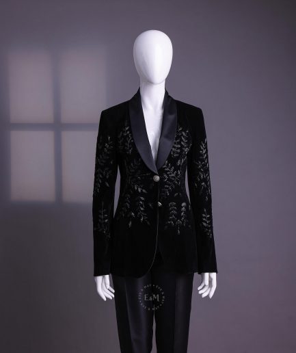 A Charcoal Black Velvet Shawl Lapel Suit With Floral Ceramic Bead Detailing.
