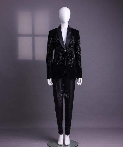 A Charcoal Black Velvet Shawl Lapel Suit With Floral Ceramic Bead Detailing.