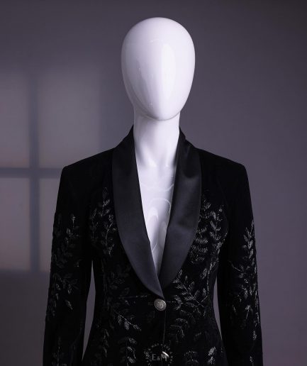 A Charcoal Black Velvet Shawl Lapel Suit With Floral Ceramic Bead Detailing.