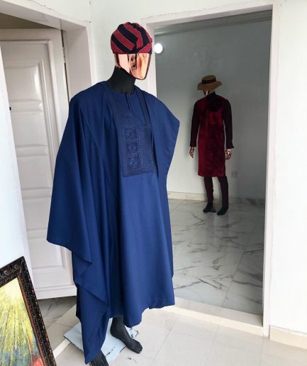A Navy Blue With Connected Embroidery Agbada