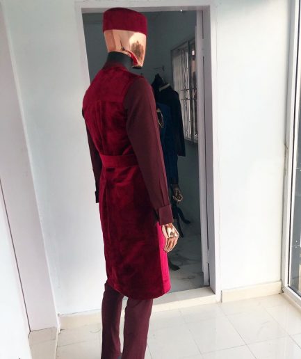 A burgundy 3-piece Kaftan, Red Velvet Trench Coat