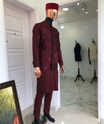 A Burgundy Jacquard Nehru Jacket, Velvet Hat, 2 Piece African Kaftan And sokoto