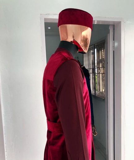A burgundy 3-piece Kaftan, Red Velvet Trench Coat