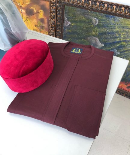 A Burgundy with a front flap African Kaftan and Red Velvet Hat