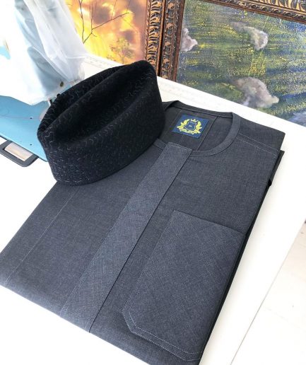 A Dark Grey Kaftan with wide Flap, Patch Pocket Kaftan