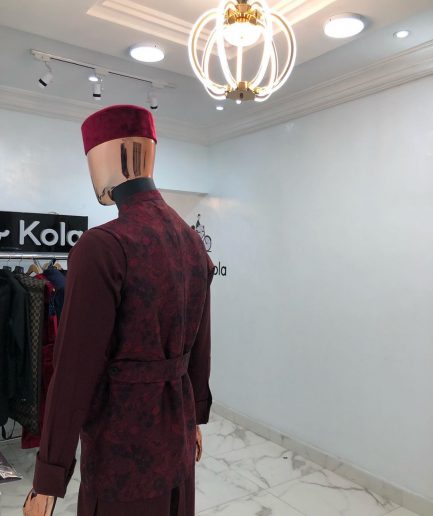 A Burgundy Jacquard Nehru Jacket, Velvet Hat, 2 Piece African Kaftan And sokoto