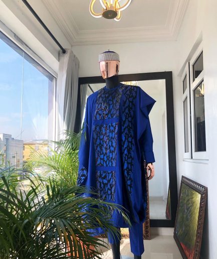 A Mix Blue and jacquard embroidery Agbada