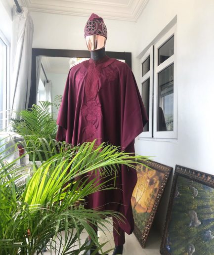 A Burgundy with Connected Embroidery Agbada