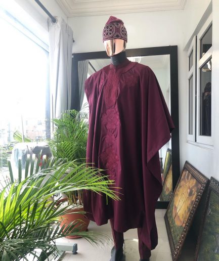 A Burgundy with Connected Embroidery Agbada
