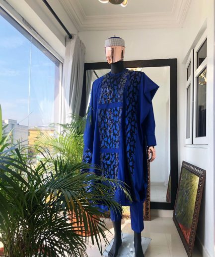 A Mix Blue and jacquard embroidery Agbada