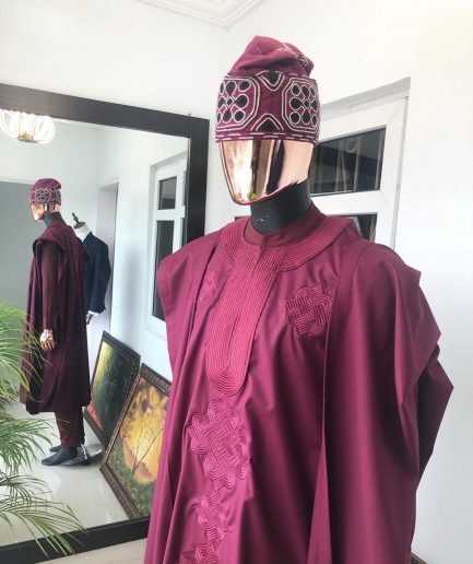 A Burgundy with Connected Embroidery Agbada