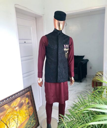 A burgundy and black Indian Nehru Wedding Jacket, Wool Hat & 2 Piece Burgundy Kaftan