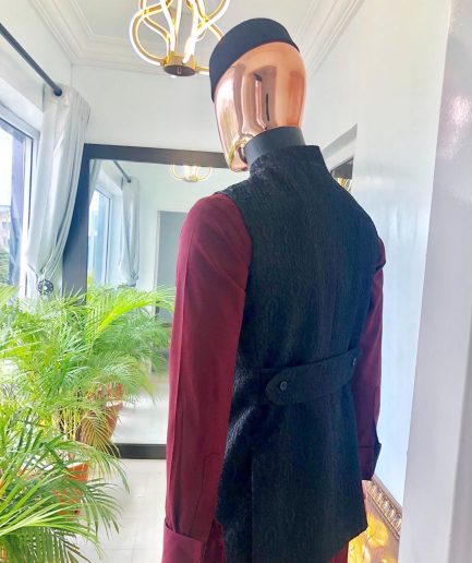 A burgundy and black Indian Nehru Wedding Jacket, Wool Hat & 2 Piece Burgundy Kaftan