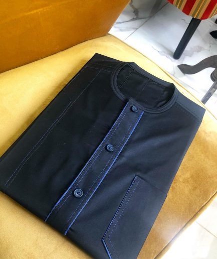 A Charcoal Black Button Flap  Kaftan With Blue Paisley Detailing and Sokoto