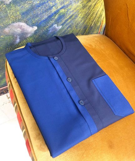 A Mixed navy and sky blue button flap African kaftan
