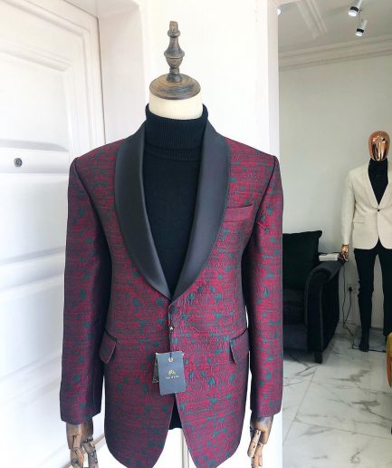 A Burgundy And Black Paisley Shawl Lapel Tuxedo Suit