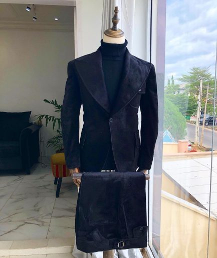 A Black Monochrome Velvet “Kashimawo - June 12” Memorial Peak Lapel Suit