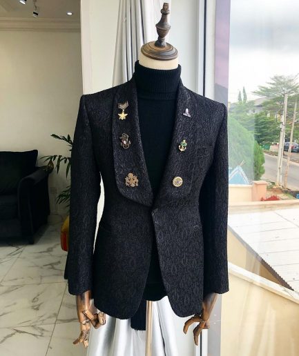 A Charcoal Black Reloaded “la casa de papel” Black Jacquard tuxedo suit
